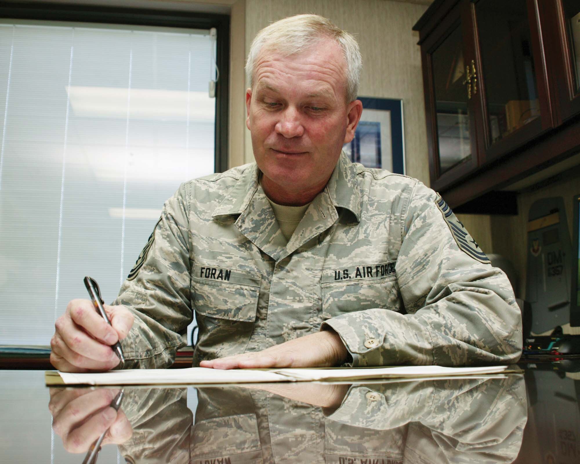 Chief Master Sgt. John Foran, 9th Air Force and U.S. Central Command Air Forces command chief, is retiring with 30 years of service. (U.S. Air Force photo/Tarsha Storey)