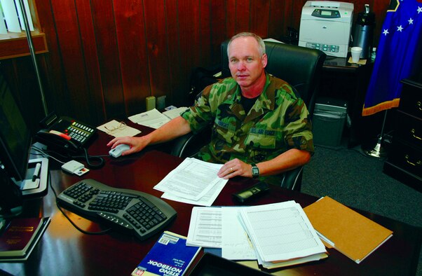 Maj. Douglas Knight leads the charge of the wing commander's support staff from his office just opposite of the Wing Commander's.
