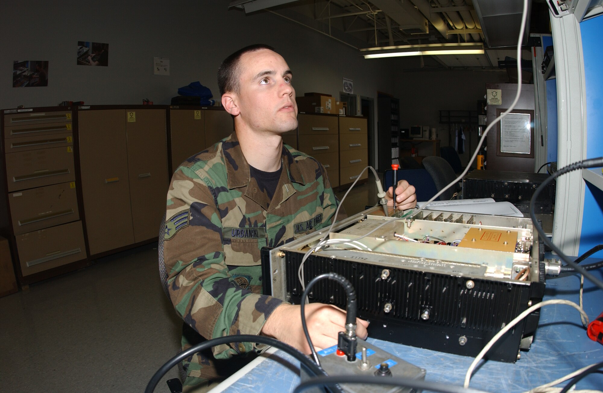 Senior Airman Daniel Urbanski, 319th Communications Squadron was recognized as a member of the award-winning RIPRNET team he was on during a deployment to Iraq from September 2005 to January 2006. He is currently back in the 319 CS working on airfield communications. (Photo by Airman 1st Class Ashley Coomes) 