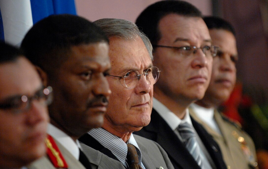 Defense Secretary Donald H. Rumsfeld listens to a reporter's question during a press availability at the presidential palace in Managua, Nicaragua, Oct. 3, 2006. Rumsfeld visited Nicaragua to attend the Defense Ministerial of Americas Conference to promote defense and security cooperation among western hemisphere countries.   