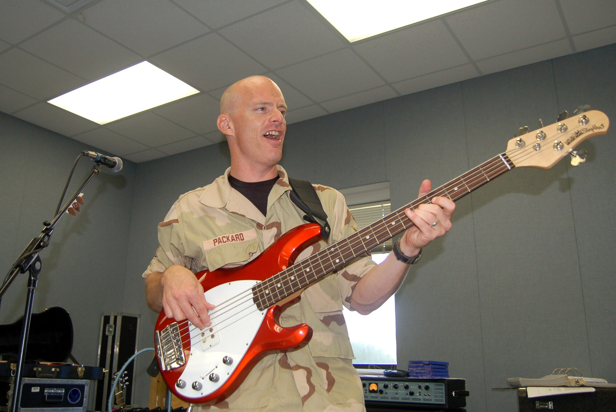 Bass guitarist and vocalist Tech. Sgt. Jonathan Packard rehearses Oct. 4. He is with the Air Force Band of the West's Top Flight rock band at Lackland Air Force Base, Texas.  The band will be deploying soon to Southwest Asia.  (U.S. Air Force photo/Staff Sgt. Shad Eidson) 