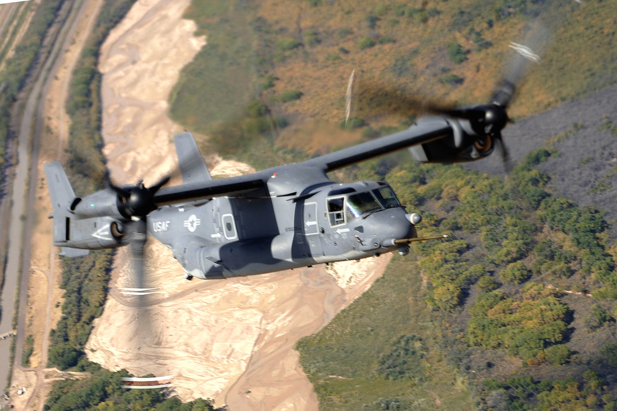 A CV-22 Osprey flies an air-refueling mission Oct. 5 over New Mexico.  The CV-22 adds new capability and fills a long-standing U.S. Special Operations Command requirement to conduct long-range infiltration, exfiltration and resupply missions during night operations.  (U.S. Air Force photo/Tech Sgt. Cecilio M. Ricardo Jr.) 