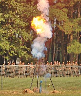 The wing weapons safety office demonstrated the hazards associated with the detonation of a bomb dummy unit for weapons loaders, ammo troops, and F-15E aircrews who normally see it from the air Sept 28. The BDU-33 is a practice munition used by the F-15E to simulate the procedures needed to release live ordnance and to provide immediate feedback of where the bomb hit. The BDU-33 was dropped to help Airmen understand hazards involved with training munitions used everyday at Seymour Johnson. (Photo by Airman 1st Class Greg Biondo)