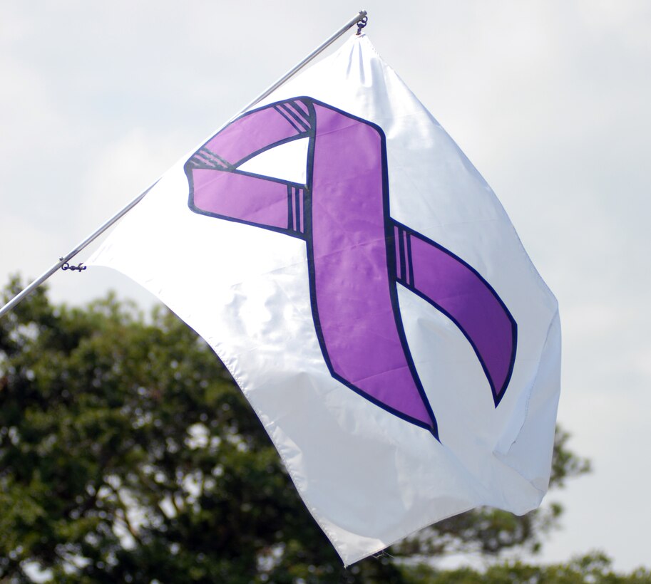 MARINE CORPS BASE CAMP LEJEUNE, N.C. - The purple ribbon flaps in the wind above the Lieutenant General John Archer Lejeune memorial circle representing the remembrance of Domestic Violence Awareness Month.