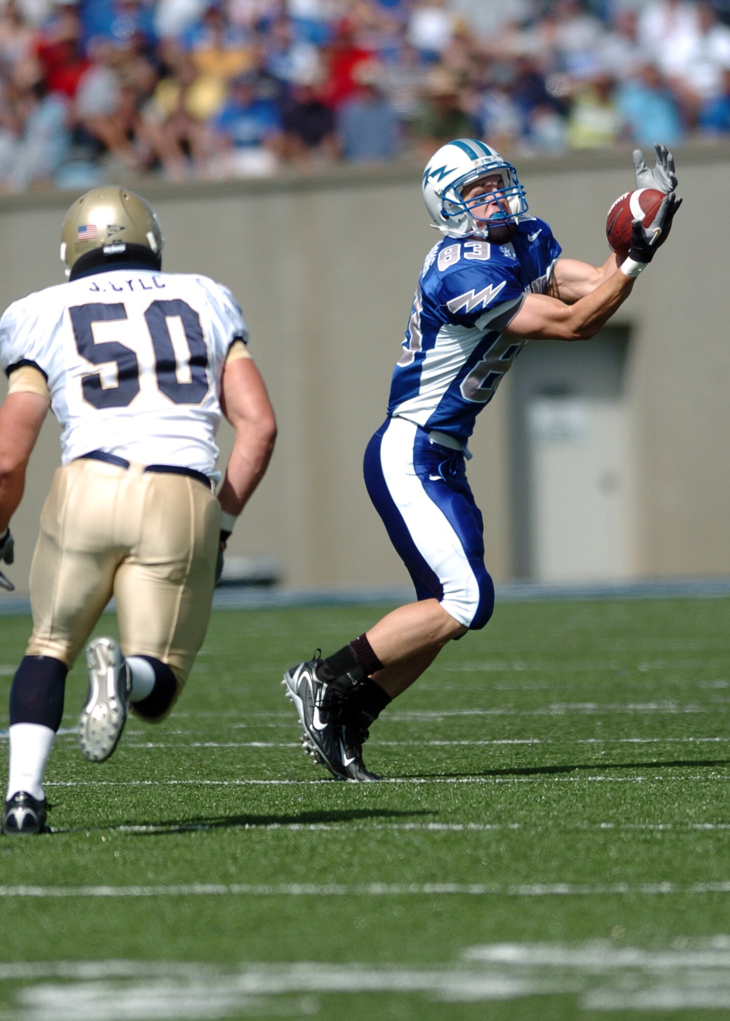 Air Force wide receiver Spencer Armstrong catches a first quarter pass Saturday for a Falcon first down. Air Force’s 119 total passing yards were not enough to fend off Navy, who won 24-17. (Photo by 1st Lt. John Ross)