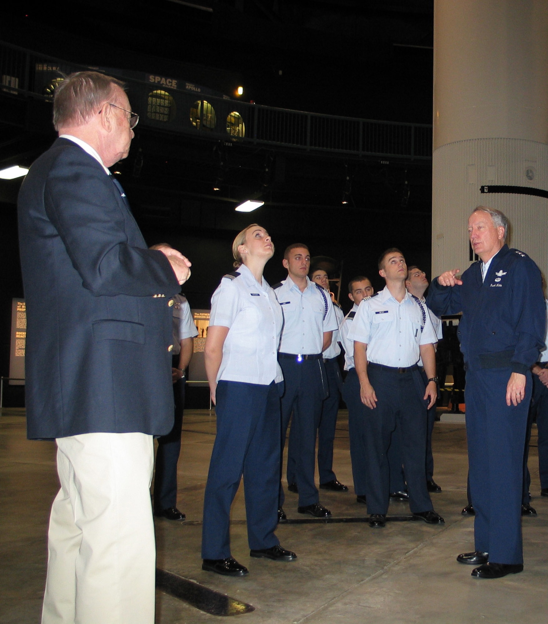Lt. Gen. Frank Klotz, vice commander of Air Force Space Command, discusses the strategic deterrence role intercontinental ballistic missiles played during the Cold War to cadets of Air Force ROTC Detachment 643, Wright State University, Oct. 7 at the National Museum of the U.S. Air Force at Wright-Patterson Air Force Base, Ohio. Retired Maj. Gen. Charlie Cooper (left), museum volunteer escorted the group. (U.S. Air Force photo by Capt. Johnny Rea)