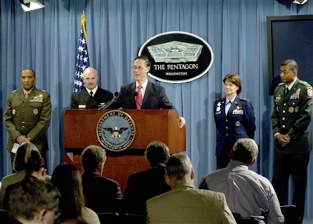 Under Secretary of Defense for Personnel and Readiness David S. Chu conducts a press briefing in the Pentagon on Oct. 10, 2006 to talk about the most recent figures on recruiting and retention in the U.S. armed services.  Joining Chu are the senior officers responsible for recruiting from each of the services.  Left to right are:  Deputy Commandant for Manpower and Reserve Affairs Maj. Gen. Ronald S. Coleman of the U.S. Marine Corps, Commander of the Navy Recruiting Command Rear Adm. Joseph F. Kilkenny; Commander, Air Force Recruiting Service Brig. Gen. Suzanne M. Vautrinot, and Commander of the U.S. Army Recruiting Command Maj. Gen. Thomas P. Bostick.  