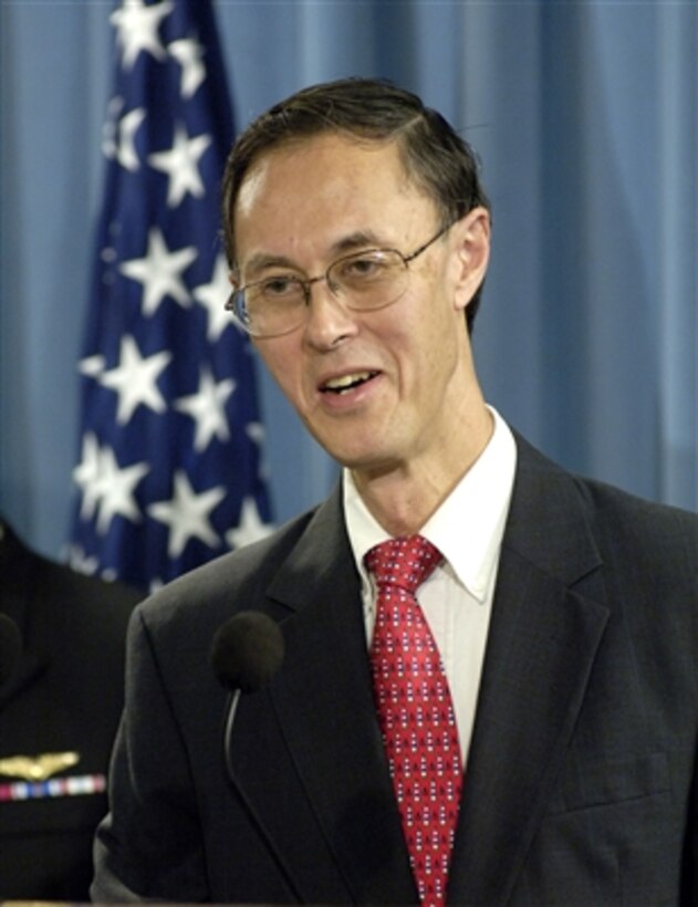 Under Secretary of Defense for Personnel and Readiness David S. Chu conducts a Pentagon press briefing on Oct. 10, 2006, to report on current recruiting and retention figures for the armed services.  Joining Chu are the senior officers responsible for recruiting from each of the services.  