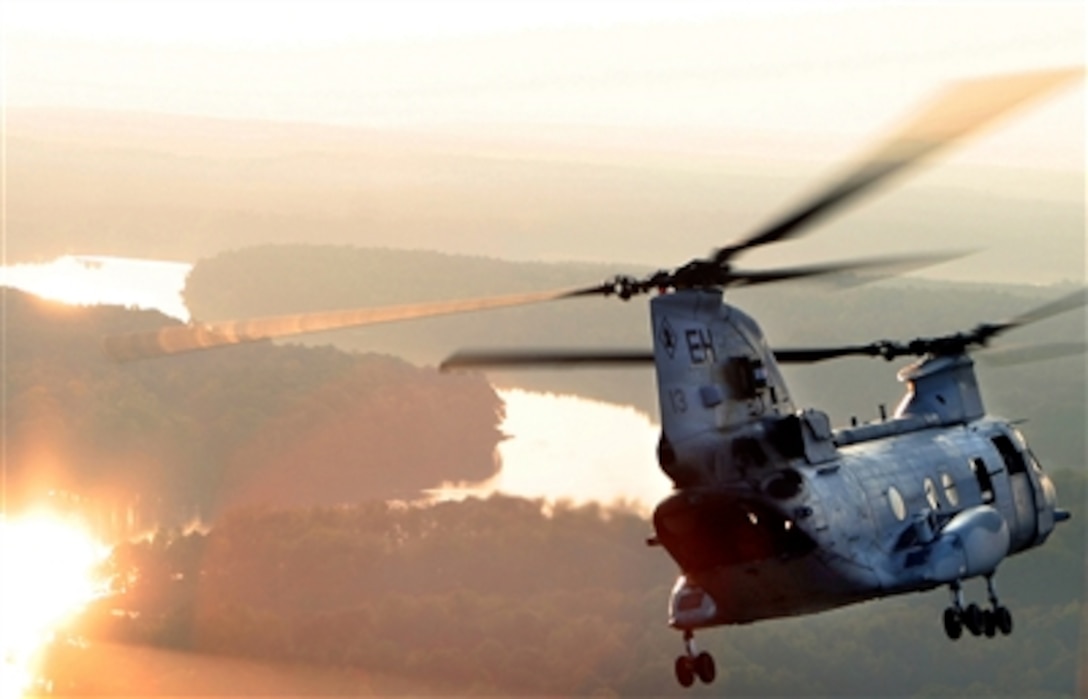 U.S. Marines of Marine Medium Helicopter Squadron 264, 26th Marine Expeditionary Unit, fly to a public relations event at the Salvation Army Youth Center in Petersburg, Va., Oct. 4, 2006.  