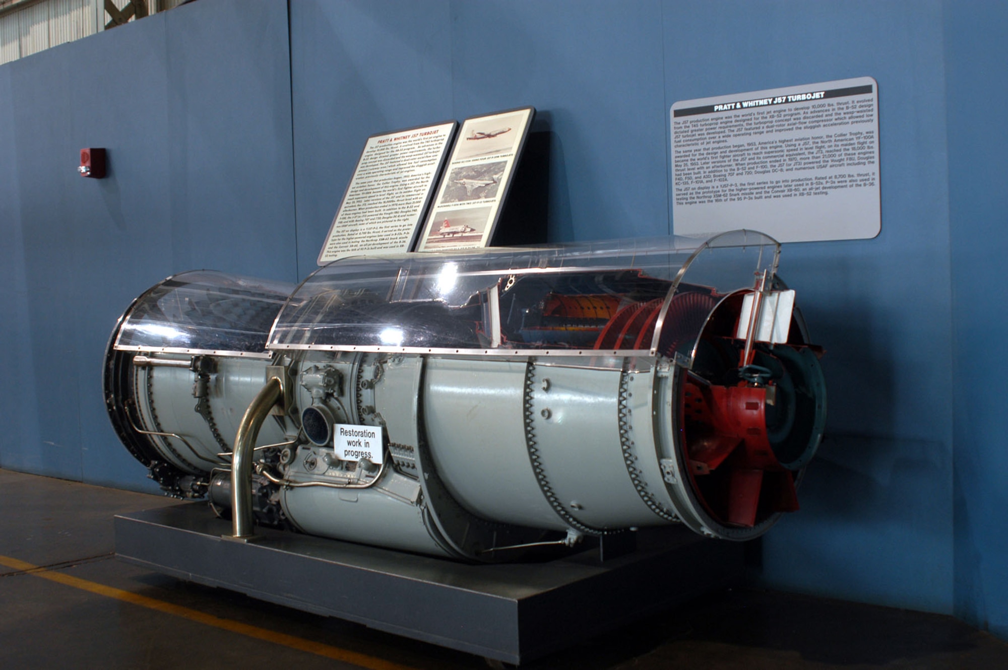 DAYTON, Ohio -- Pratt & Whitney J57 Turbojet engine on display in the Presidential Gallery at the National Museum of the United States Air Force. (U.S. Air Force photo)