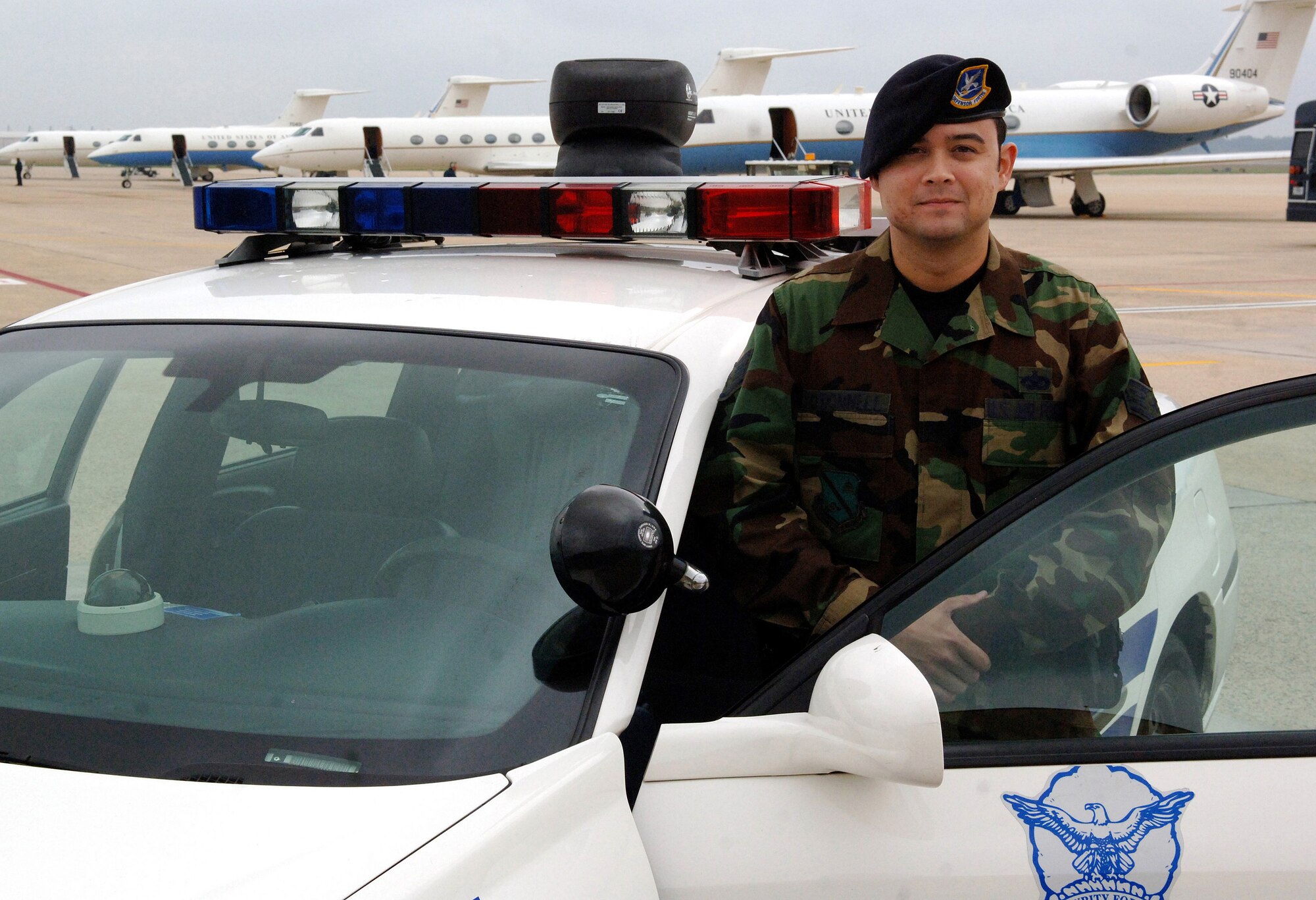 Staff  Sgt. Joseph O'Donnell patrols the flightline on Oct. 11 at Andrews Air Force Base, Md. Sergeant O'Donnell is a protective services leader with the 316th Security Forces Squadron. (U.S. Air Force photo/Tech. Sgt. Larry A. Simmons)