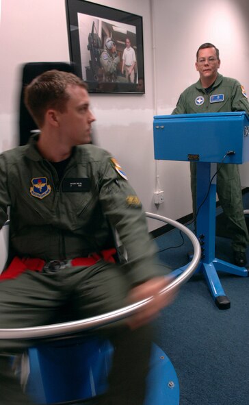 Tech. Sgt. Augustus Evans, 479th Operation Support Squadron,  conducts a spatial disorientation demonstration on 2nd Lt. Gregory Walsh, 479th OSS, in the barony chair. The barony chair exposes student pilots to the stresses flying exerts on the body. (U.S. Air Force by Airman 1st Class Schelli Howard)