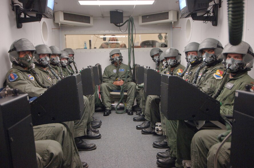 Class 07-15, Moody’s last student pilot class, feels the effects of altitude threats in the hypobaric chamber. The 479th FTG will soon be absorbed by other wings within Air Education and Training Command. The 479th FTG began teaching students to fly the T-6/A Texan II at Moody in April 2001. (U.S. Air Force photo by Airman 1st Class Schelli Howard)