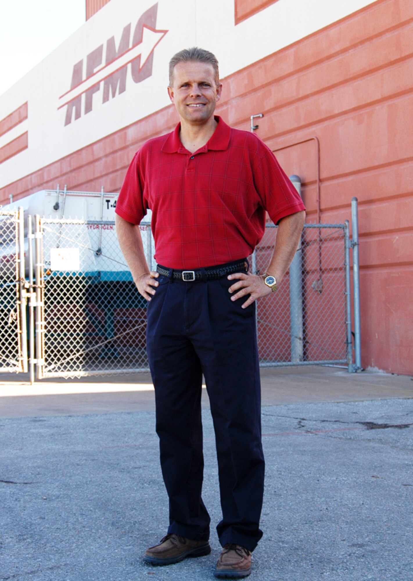 Senior Master Sgt. Goethe outside of his civilian work site at the Oklahoma City-Air Logistics Center at Tinker Air Force Base, Okla. Even after losing 51 pounds and nearly 6 inches off his waist line, Sergeant Goethe continues to persist with his weight management.