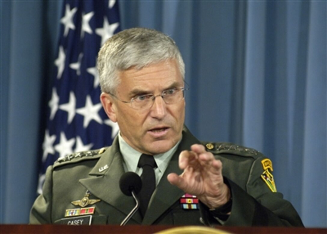 Commander of the Multinational Force in Iraq Gen. George Casey, U.S. Army, responds to a reporter's question during a Pentagon press briefing on Oct. 11, 2006.  Casey joined Secretary of Defense Donald H. Rumsfeld to take questions from the news media.  