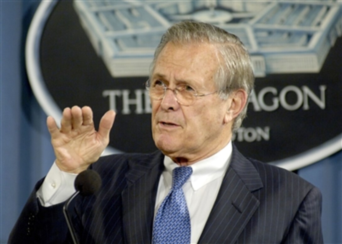Secretary of Defense Donald H. Rumsfeld responds to a reporter's question during a Pentagon press briefing on Oct. 11, 2006.  Secretary of Defense Donald H. Rumsfeld joined Commander of the Multinational Force in Iraq Gen. George Casey, U.S. Army, to take questions from the news media.    