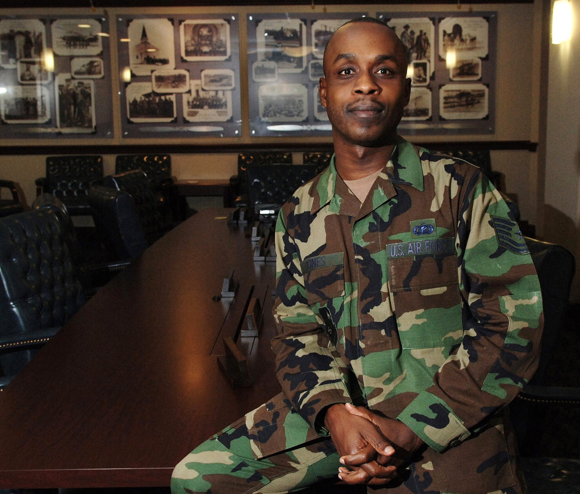 Tech. Sgt. Donald Jones sits inside the conference room of the 11th Wing Headquarters building Oct. 11 at Bolling Air Force Base, Washington D.C. Sergeant Jones is the executive assistant to command chief with the Air Force District of Washington. He is involved with the Air Force Memorial dedication ceremony Oct. 14 in Arlington, Va. (U.S. Air Force photo/Tech. Sgt. Larry A. Simmons)