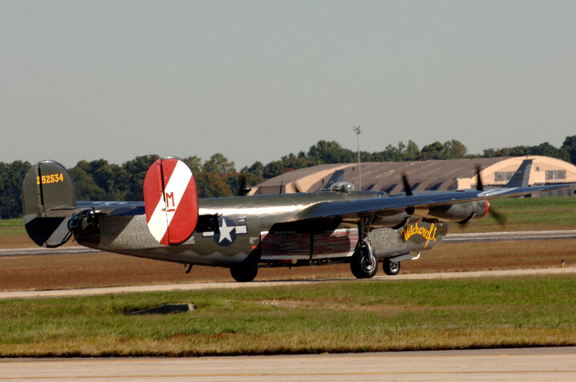 A B-24 Liberator taxies down the runway during a practice run Oct. 13 at Andrews Air Force Base, Md. Numerous aircraft from the 1930s through modern day will fly over the Air Force Memorial during the official dedication ceremony Oct. 14 in Arlington, Va. (U.S. Air Force photo/Staff Sgt. Tanika Belfield)