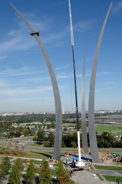 The Air Force Monument, consisting of three stainless steel spires -- inspired by the bomb-burst flying formation of the Air Force Thunderbirds -- is located in Arlington, Va., next to the Arlington Cemetery and overlooks the Pentagon, according to the foundation.( U. S. Air Force photo/TSgt Cohen A. Young)