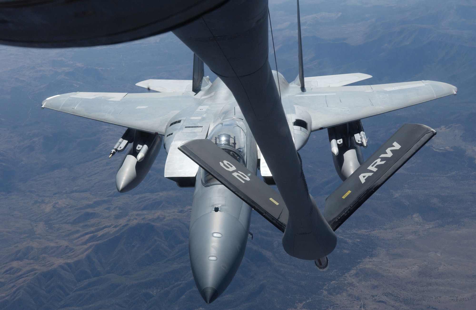 An F-15  Eagle approaches the boom on a KC-135 Stratotanker to refuel Oct. 11 during Red Flag 07-1 being held at Nellis Air Force Base, Nev. Red Flag runs from Oct. 10 to 20 and tests aircrews' warfighting skills in realistic combat situations. The aircraft will be flying missions during the day and night at the nearby Nevada Test and Training Ranges where they will simulate an air war. U.S. servicemembers, with representatives from each branch of service along with coalition forces, are participating in Red Flag.  (U.S. Air Force photo/Master Sgt. Kevin J. Gruenwald)
