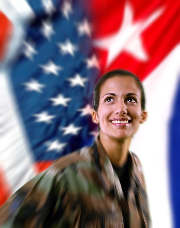 Staff Sgt.Lizmailyn Bermudez, 1st Operations Support Squadron, started life in the United States as a Cuban refugee, but worked to gain her citizenship and join the Air Force. (Photo illustration by Airman 1st Class Scott Aldridge and Senior Airman Austin Knox)