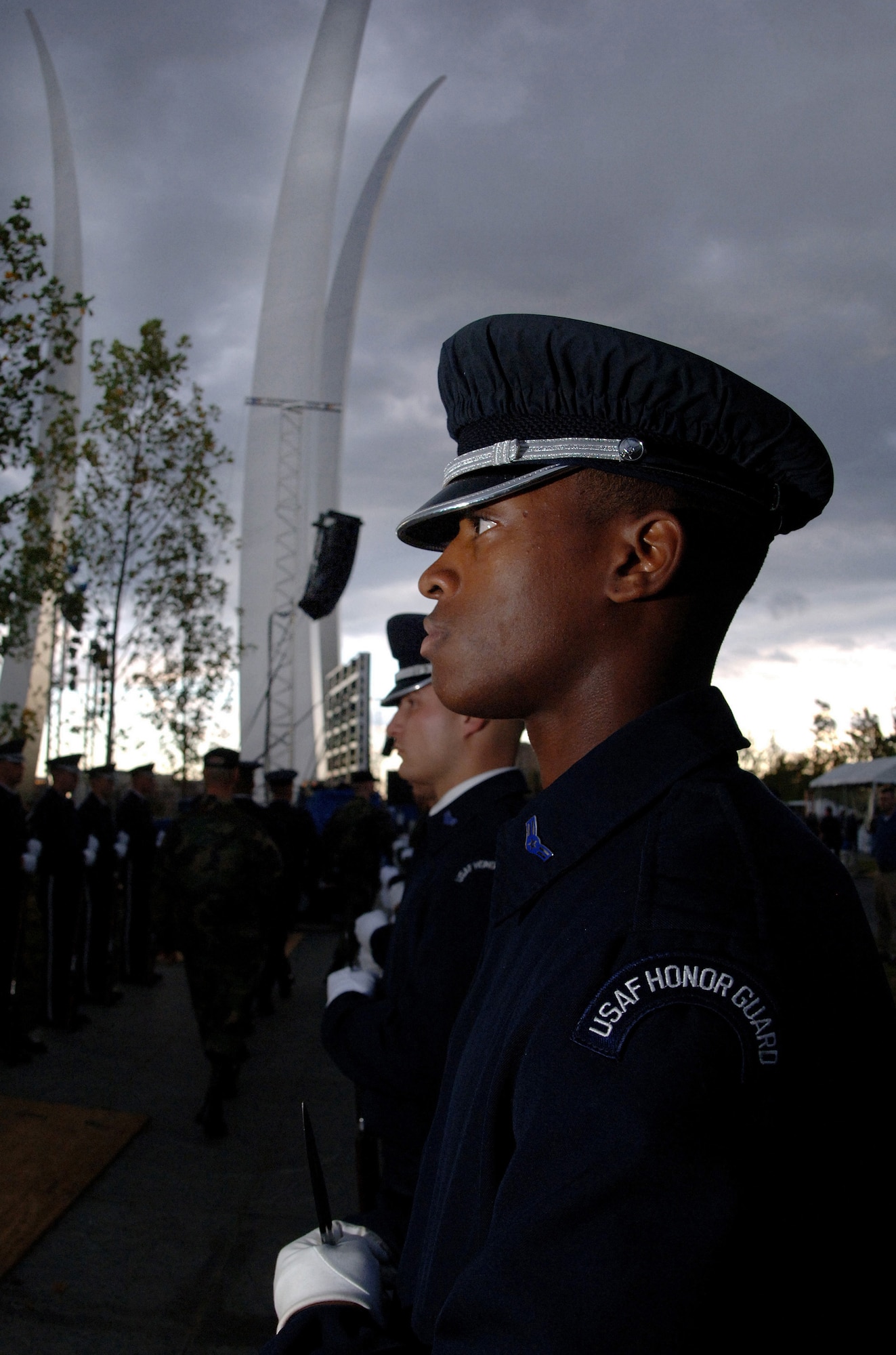 The Air Force Honor Guard's Airman 1st Class Jerome Whitfield practices at the Air Force Memorial in Arlington, Va., Oct. 12. The memorial's dedication ceremony kicks off at 9 a.m. Oct. 14 as organizers continue making final preparations. (U.S. Air Force photo/Tech. Sgt. Larry A. Simmons)