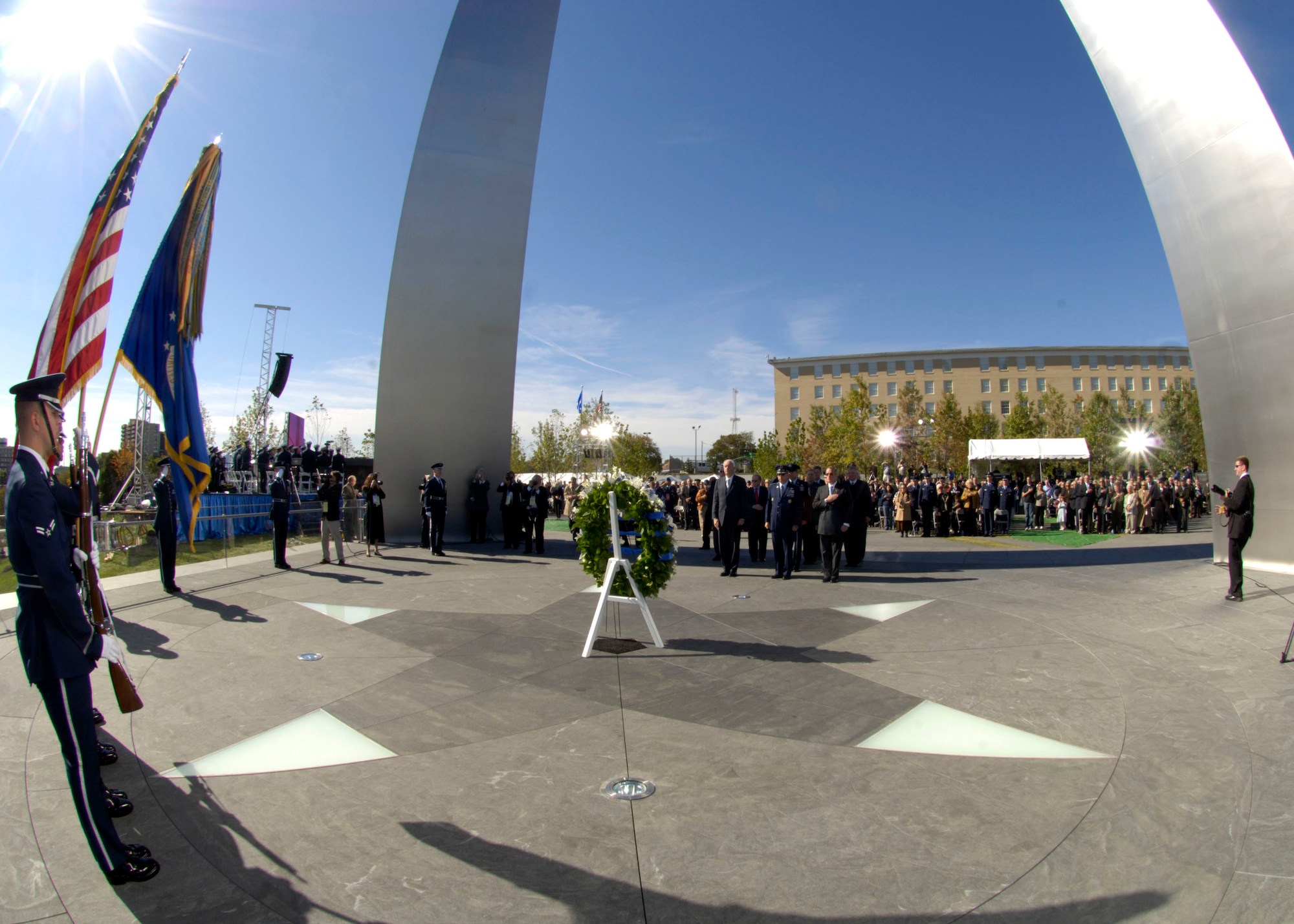 Secretary of the Air Force Michael W. Wynne  was joined by Air Force Chief of Staff T. Michael Mosely and Air Force Memorial Foudation Chairman Ross Perot, Jr., Chief Master Sergeant of the Air Force Rodney J. McKinley and former Secretaries of the Air Force, Chief of Staffs and Chief Master Sergeants of the Air Force at the base of the new Air Force Memorial for the Wreath memorial dedicaton service for fallen Airmen past and present here in Arlington, Va., Oct. 15, 2006. On behalf of all American citizens President George W. Bush accepted the Air Force Memorial from Air Force Memorial Foundation Chairman Ross Perot Jr. during the previous day's dedication ceremony at the base of the Air Force Memorial that overlooks the Pentagon.  Designed by the late James Ingo Freed the memorial with its three soaring spires inspired by the U.S. Air Force Thunderbirds bomb burst manuever, pays tribute to and honors the patriotic men and women of the U.S. Air Force and its predeccessor organizations. An open house was held near the Pentagon in conjunction with the dedication ceremony which featured performances by the U.S. Air Force Band, the U.S. Air Force Honor Guard drill team, and culminated with a concert featuring country music performer LeeAnn Womack. (U.S. Air Force photo/Tech. Sgt. Cohen Young) 