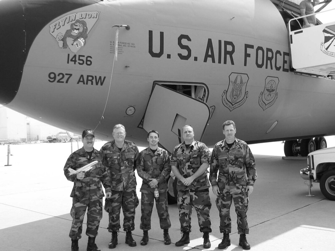 Airmen randomly chosen to represent the 927th ARW at the KC-135 50th anniversary celebration held at Tinker AFB Sept. 9 are pictured left to right, MSgt Martin Cicotte, MSgt Gerry Ridener, SSgt Timothy Henneberry, TSgt Scott Niemi and MSgt Scott Lawson. While the Airmen have worked on on individual KC-135 refurbishment projects, MSgt Lawson has served as the coordinator for the refurbishment of six tankers assigned to the 927th ARW.
