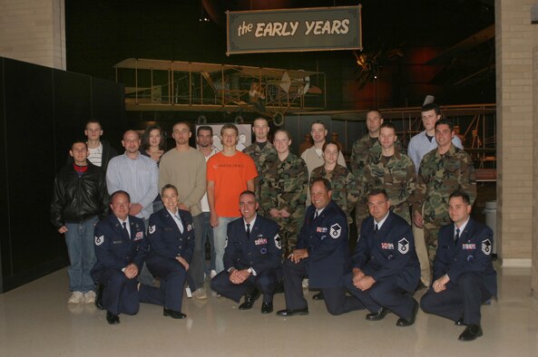 WRIGHT-PATTERSON AFB, Ohio -- Fifteen new Air Force Reserve recruits pose with 445th Airlift Wing recruiters in the National Museum of the United States Air Force.  The new recruits just took their oath into the Air Force Reserve from Brig. Gen. Bruce E. Davis, commander of the 445th AW who thanked them for joining and stated they are all potential Chief Master Sergeants. (U.S. Air Force photo/Master Sgt. Doug Moore).