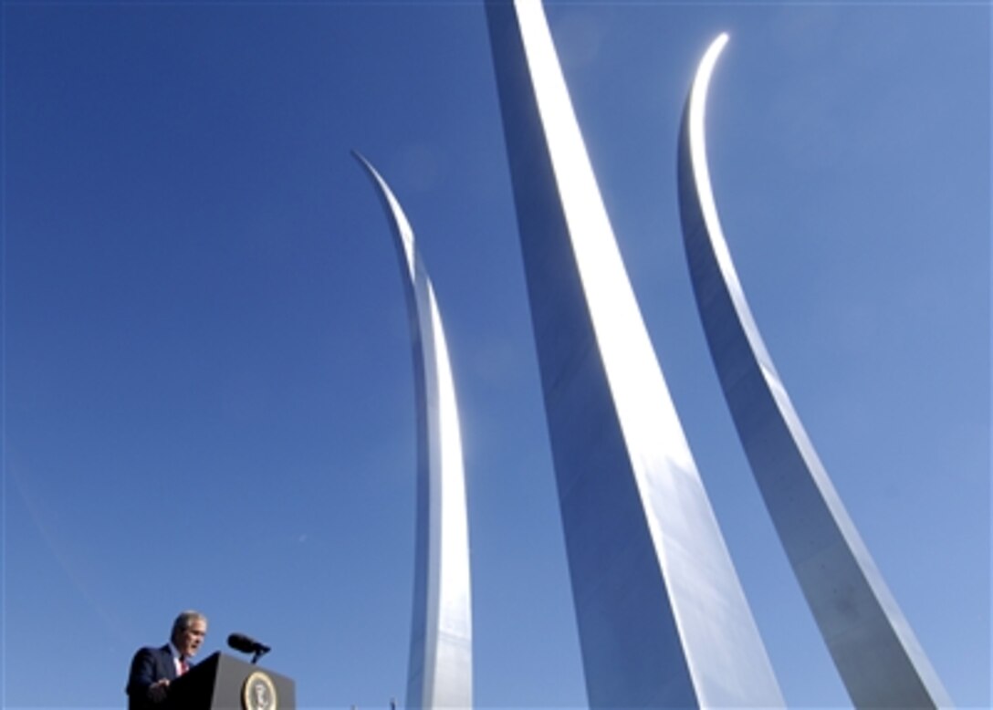 President George W. Bush delivers remarks at the U.S. Air Force Memorial dedication ceremony in Arlington, Va., Oct. 14, 2006.