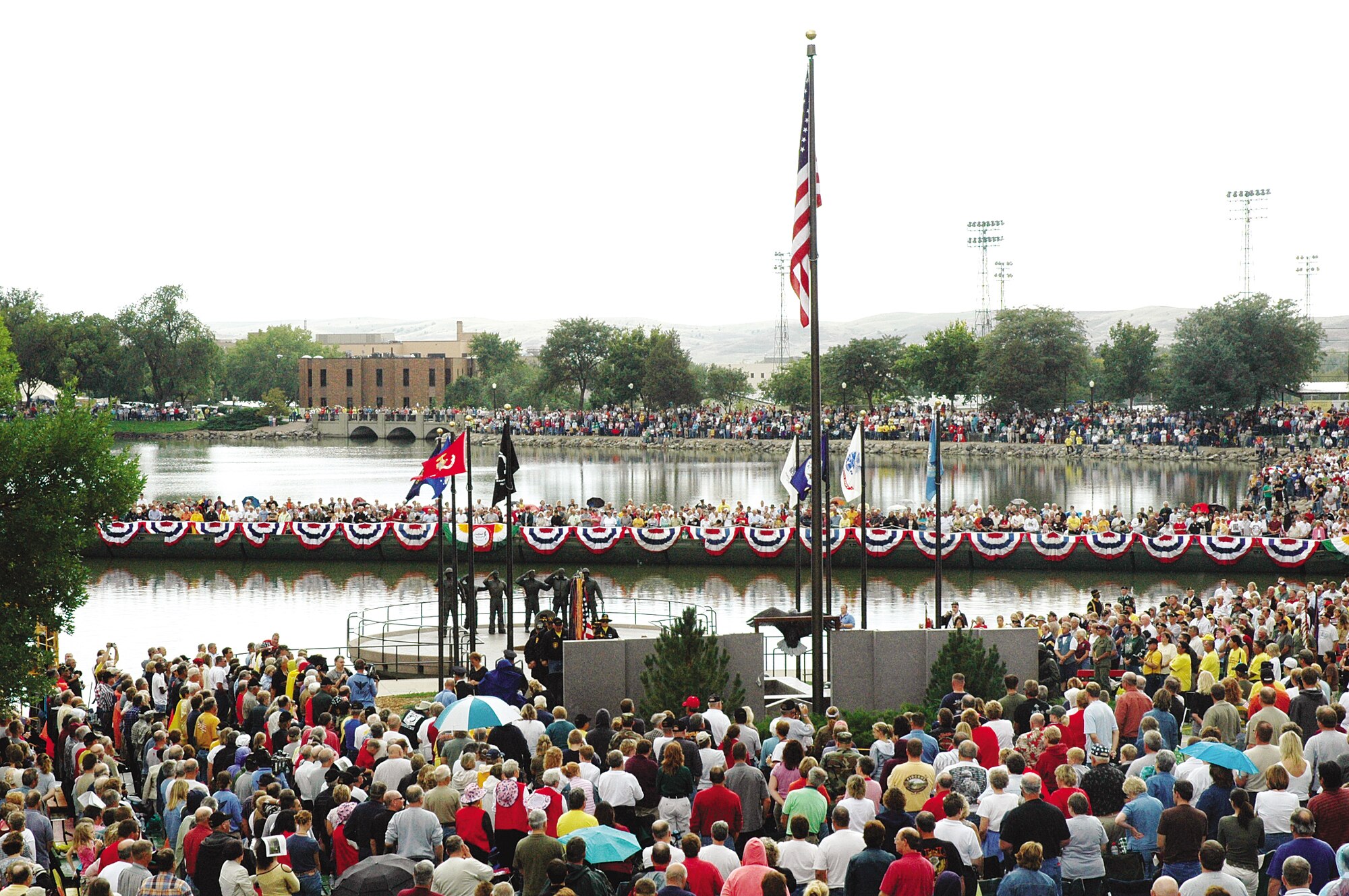 A B-1 flies over the state capitol grounds during the South Dakota Vietnam War Memorial Dedication Ceremony Saturday. The ceremony, attended by more than 32,000, was a tribute to the Vietnam War veterans and their families. Many in attendance expressed their satisfaction of the dedication, "A ceremony like this is way past due for our veterans," said Shary Haag, Rapid City resident and niece of Thurma Blackbird, a Vietnam veteran. "(The organizers) did a wonderful job; it was a great dedication." For more about the memorials, go to http://www.sdvietnamwarmemorial.com.