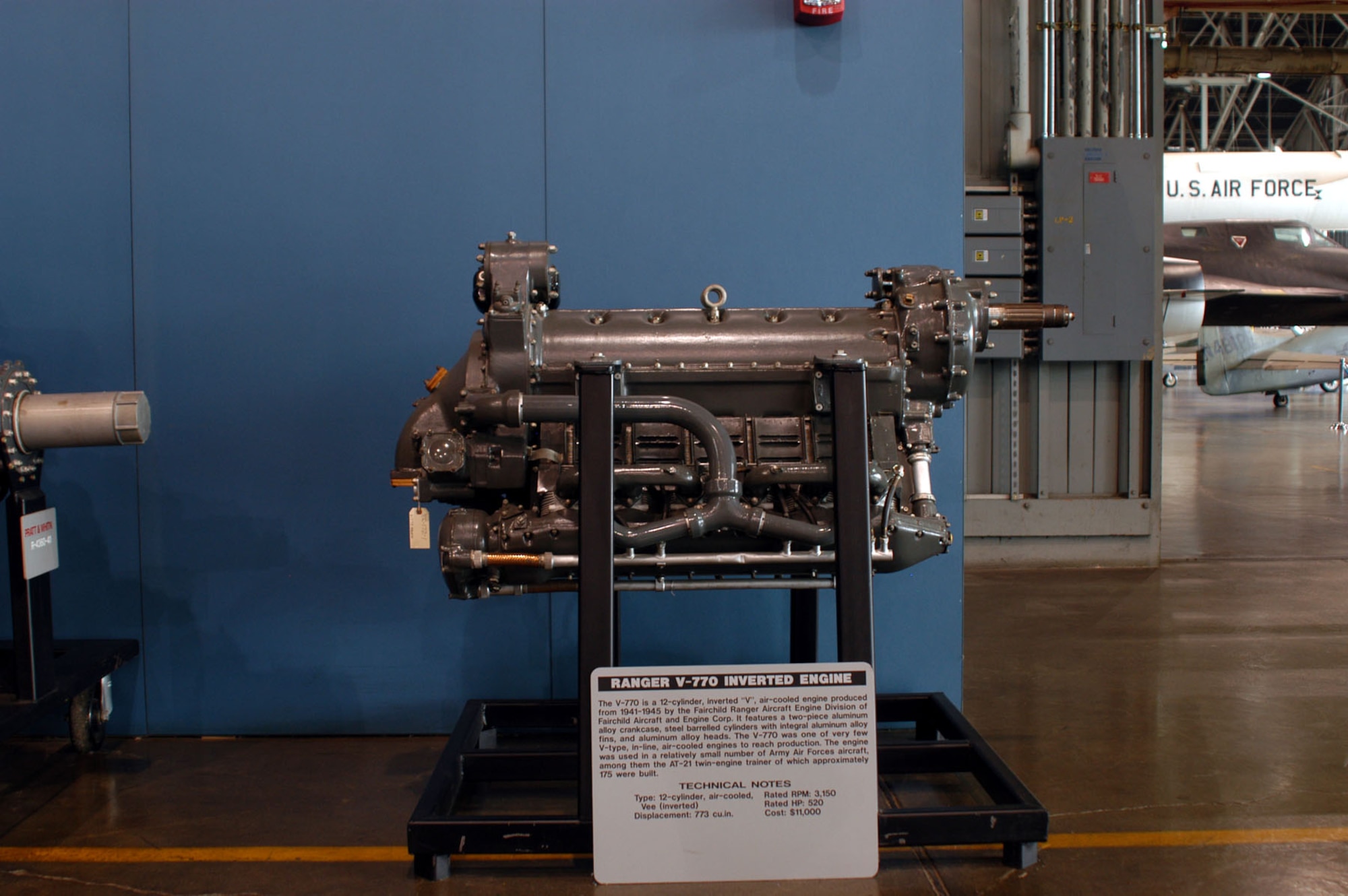 DAYTON, Ohio -- Ranger V-770 Inverted engine on display in the Presidential Gallery at the National Museum of the United States Air Force. (U.S. Air Force photo)