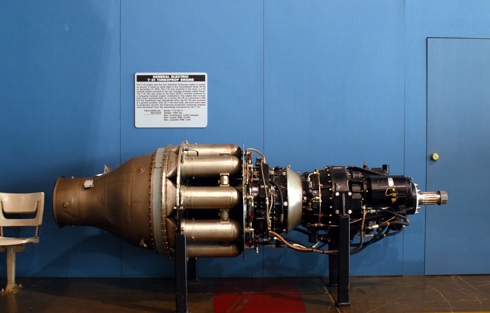 DAYTON, Ohio -- General Electric T-31 Turboprop engine on display in the Presidential Gallery at the National Museum of the United States Air Force. (U.S. Air Force photo) 