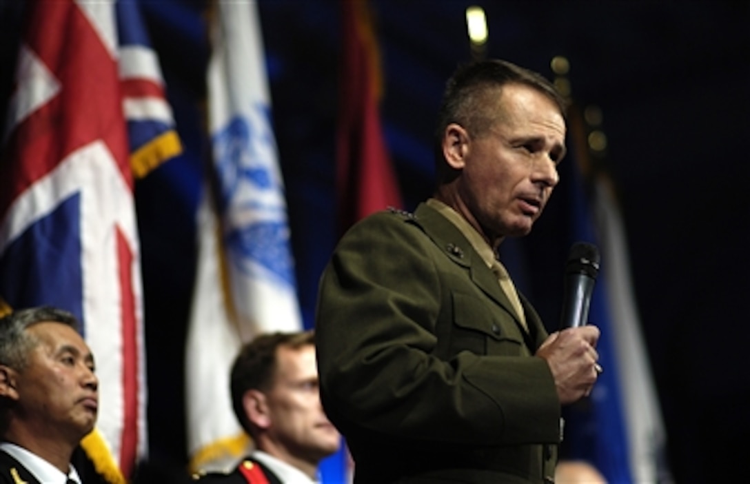 Gen. Peter Pace, chairman of the Joint Chiefs of Staff, speaks to the audience at the ceremony in Worcester, Mass., Oct 15, 2006. More than 450 relatives of fallen soldiers filled Mechanics Hall to pay tribute to their loved ones at a "Today's Heroes" concert. 