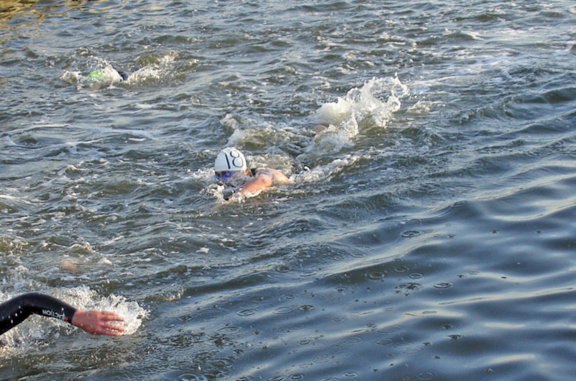 EIELSON AIR FORCE BASE, Ak.—1st Lt. Benjamin Bishop, 354th Operations Support Squadron intelligence flight, slices through the water during his 2.4 mile swim portion of the ChesapeakeMan Ultra Distance Triathlon Sept. 30 in Cambridge, Md. (Courtesy photo)