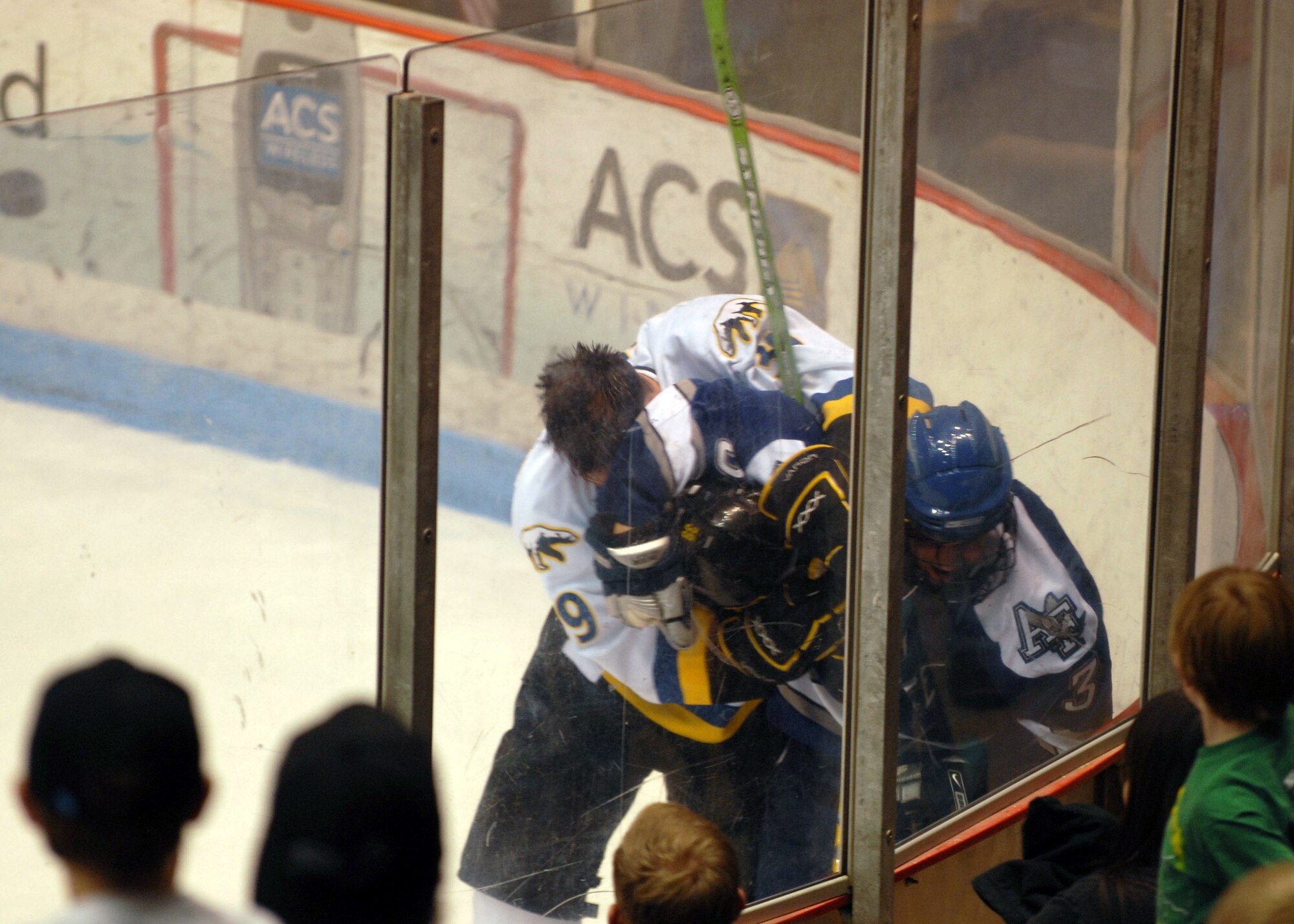 Kyle Greentree of the University of Alaska-Fairbanks Nanooks and Cadet 4th Class Chris Hepp of the U.S. Air Force Academy Falcons draw penalties for fighting during their match at the Carlson Center in downtown Fairbanks on Oct. 14.  The Nanooks went on to win the game 8 to 4.  The Falcons fell to 1-3 for the season.  (U.S. Air Force photo/Airman Jonathan Snyder)
