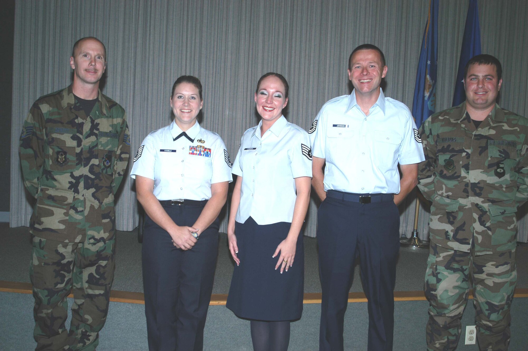 GRISSOM AIR RESERVE BASE, Ind -- Five members of the 434th Air Refueling Wing received their Community College of the Air Force degrees during a special ceremony at Grissom.  The degrees recipients were (left to right) Staff Sgt. Lyle DeWitt, aviation maintenance technology; Tech. Sgt. Rebecka Kimble, information management; Staff Sgt. Kristen Kaminski, electronic systems technology; Tech. Sgt. Kevin Johnson, construction technology; and Senior Airman Wayne Kolberg, cardiopulmonary laboratory technology.  (U.S. Air Force photo/Senior Airman Roberto Modelo)