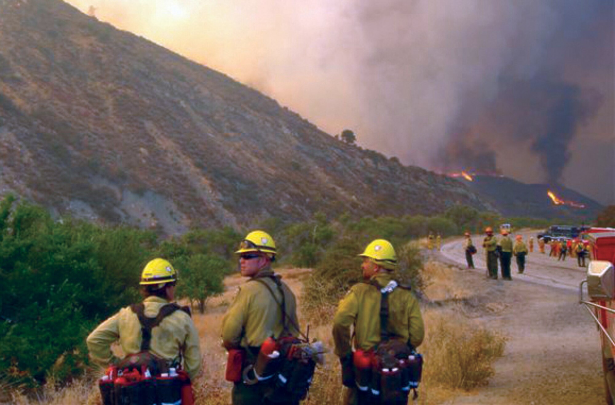 Vandenberg Hot Shots crew members (left to right)Marissa Halbeisen, Andrew Klein and James Skiffington  survey the Day Fire.
