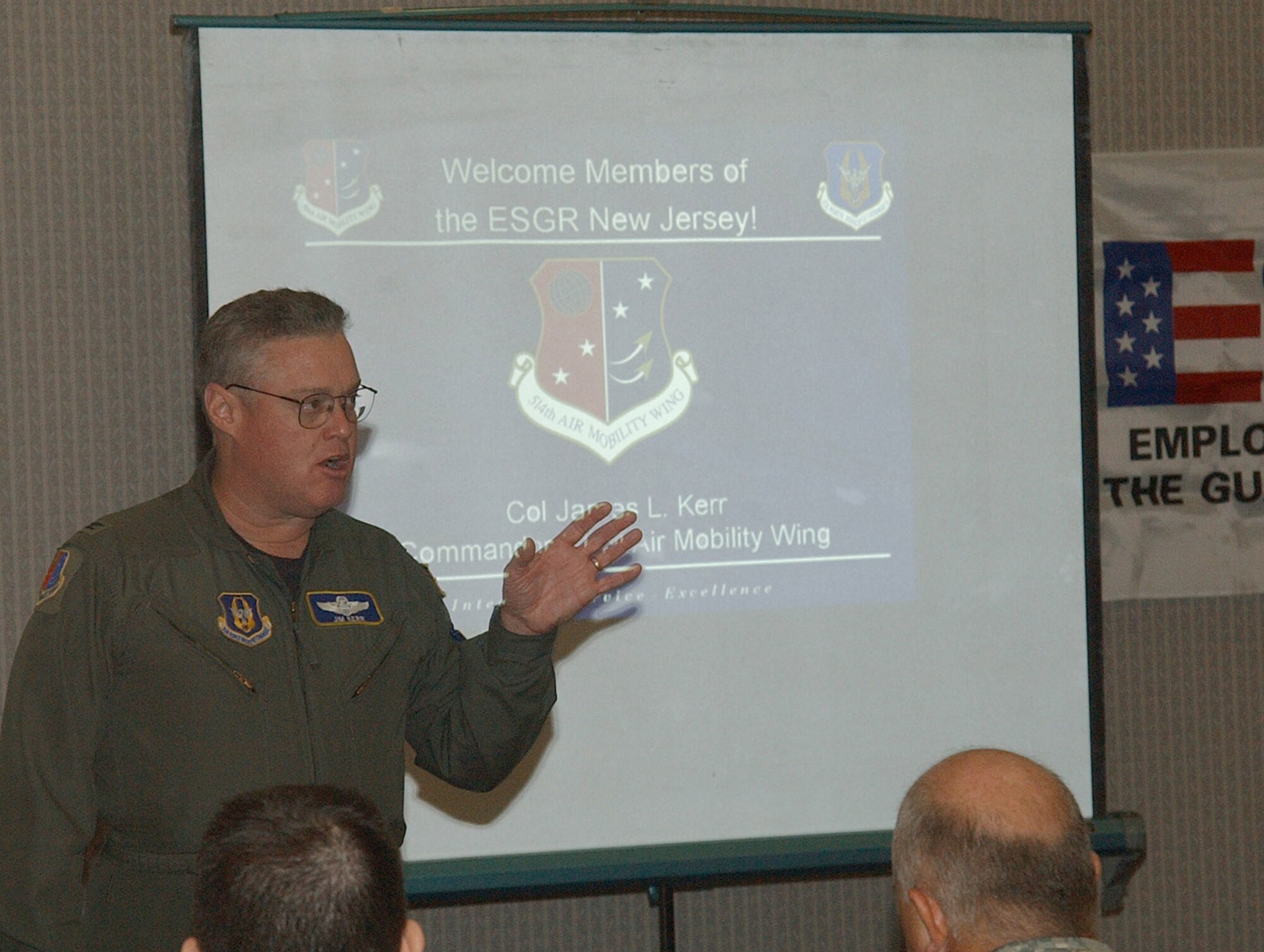 MCGUIRE AFB, N.J. -- Col. James L. Kerr address employers yesterday at the New Jersey Employer Support of the Guard and Reserve Training Conference held annually at McGuire AFB, NJ.  The 514th Air Mobility Wing commander gave a wing mission presentation and thanked the new ESGR members for their dedication and support to the Reserve and Guard. USAF photo by Kryn Westhoven
