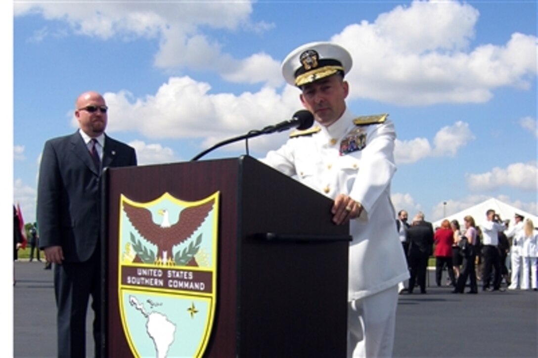 Navy Adm. James G. Stavridis,  the first naval officer at the helm of U.S. Southern Command, makes a brief statement to the media immediately following his assumption of command in Miami, Oct. 19, 2006. 