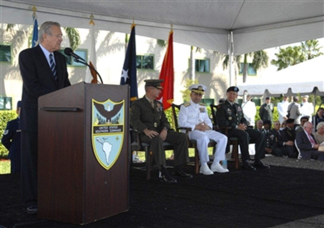 Secretary of Defense Donald H. Rumsfeld gives his remarks during the change-of-command ceremony for the U.S. Southern Command in Miami, Fla., Oct. 19, 2006.