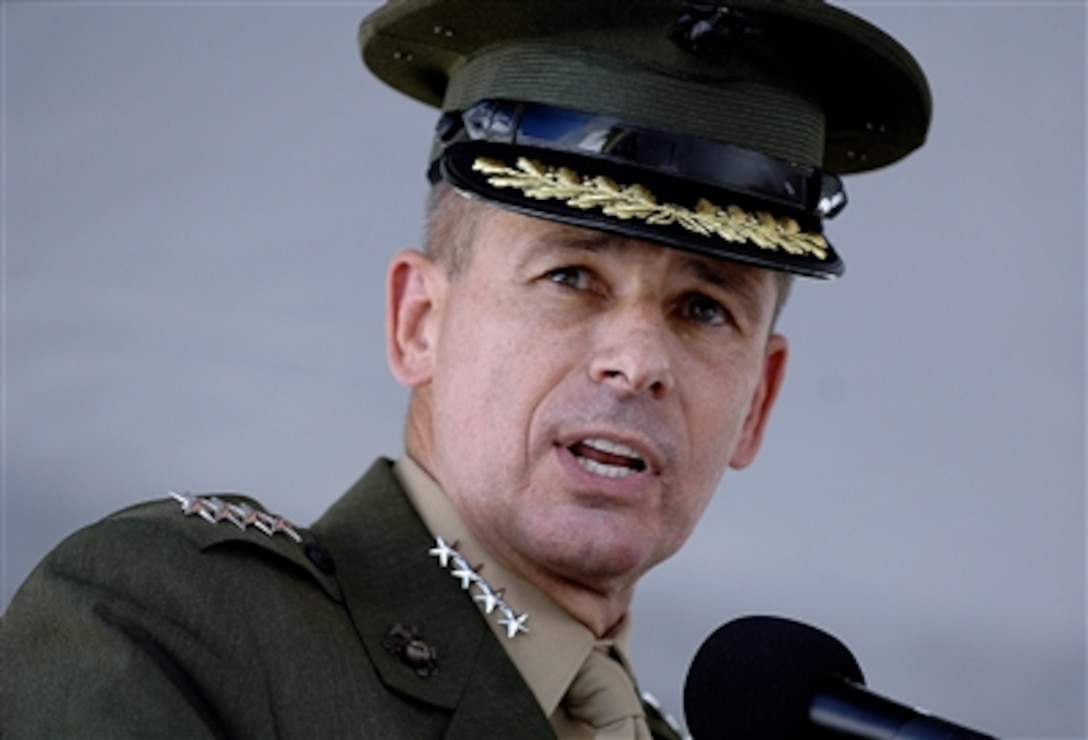 U.S. Marine Corps Gen. Peter Pace, chairman of the Joint Chiefs of Staff, gives his remarks during the change-of-command ceremony for the U.S. Southern Command in Miami, Fla., Oct. 19, 2006.

