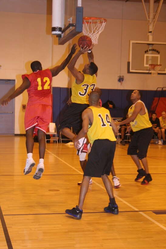 Derek Gray goes up for two points during the championship game against Camp Pendleton in the 2006 West Coast Regional Basketball Championship at the Combat Center?s East Gym Oct. 20.