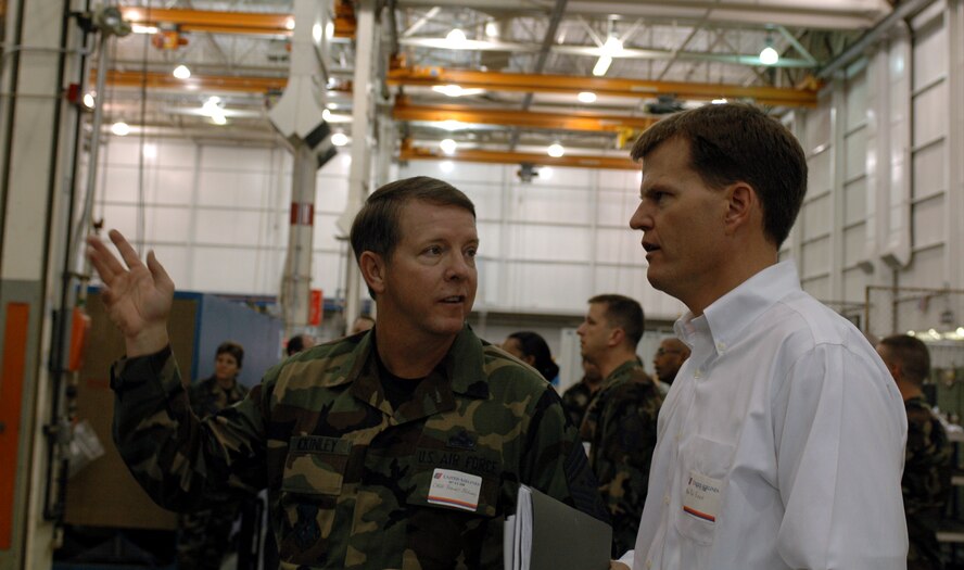 Chief Master Sgt. of the Air Force Rodney McKinley and Mr. Ron Ritter, special assistant to the Secretary of the Air Force for AFSO-21, discuss a portion of United Airlines LEAN program during a tour of the airlines’ San Francisco Airport facility Oct 20. The tour was part of a two-day training course designed to teach the effectiveness of the LEAN concept and how it relates to AFSO-21. (U.S. Air Force photo by Staff Sgt. Candy Knight/60th AMW Public Affairs)