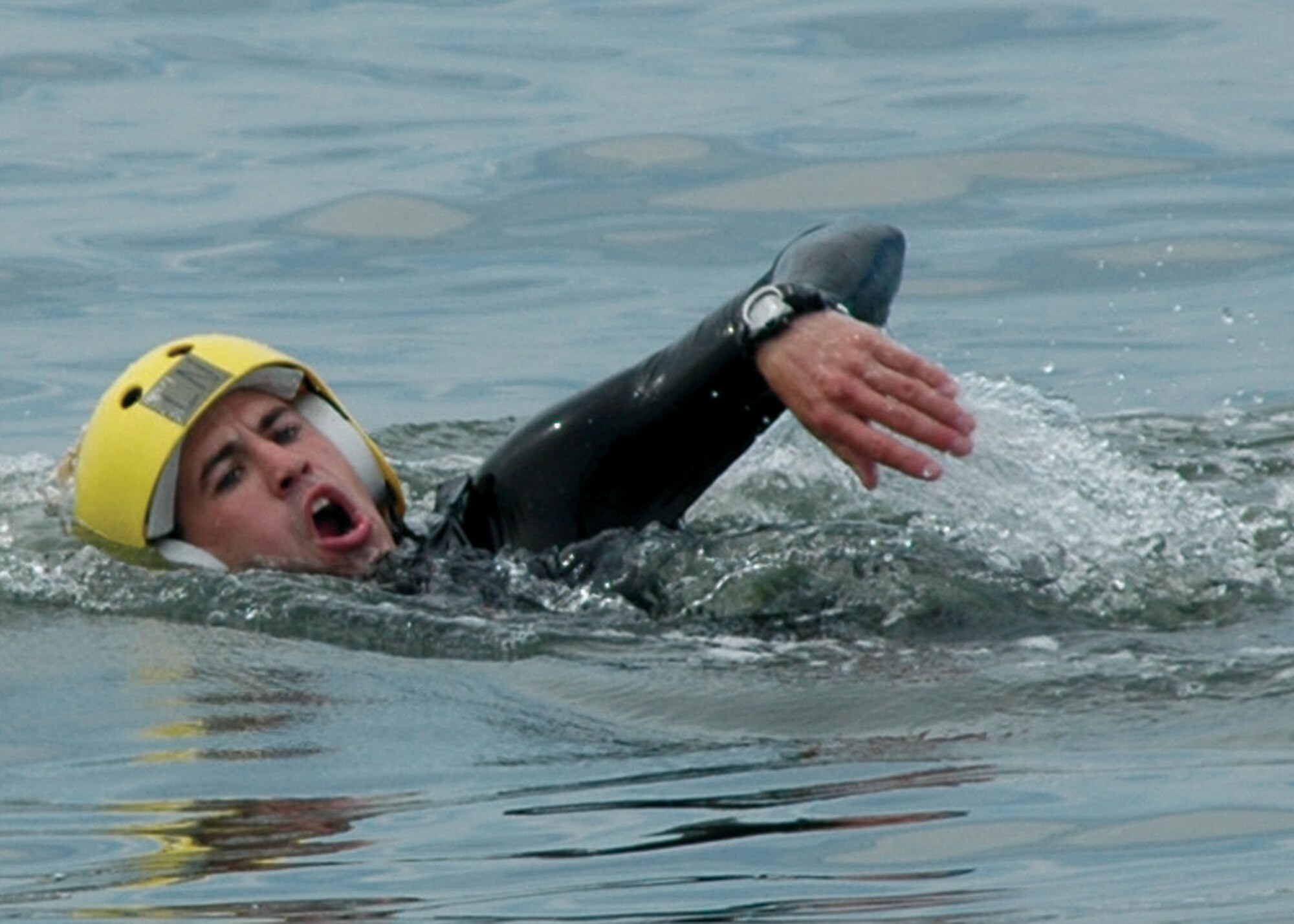 Airman 1st Class Jeff Larsen, pararescue trainee swims in the Banana River during air operations training at Patrick AFB, Fla. (U.S. Air Force photo by Senior Airman Jonathan Simmons) (Released)