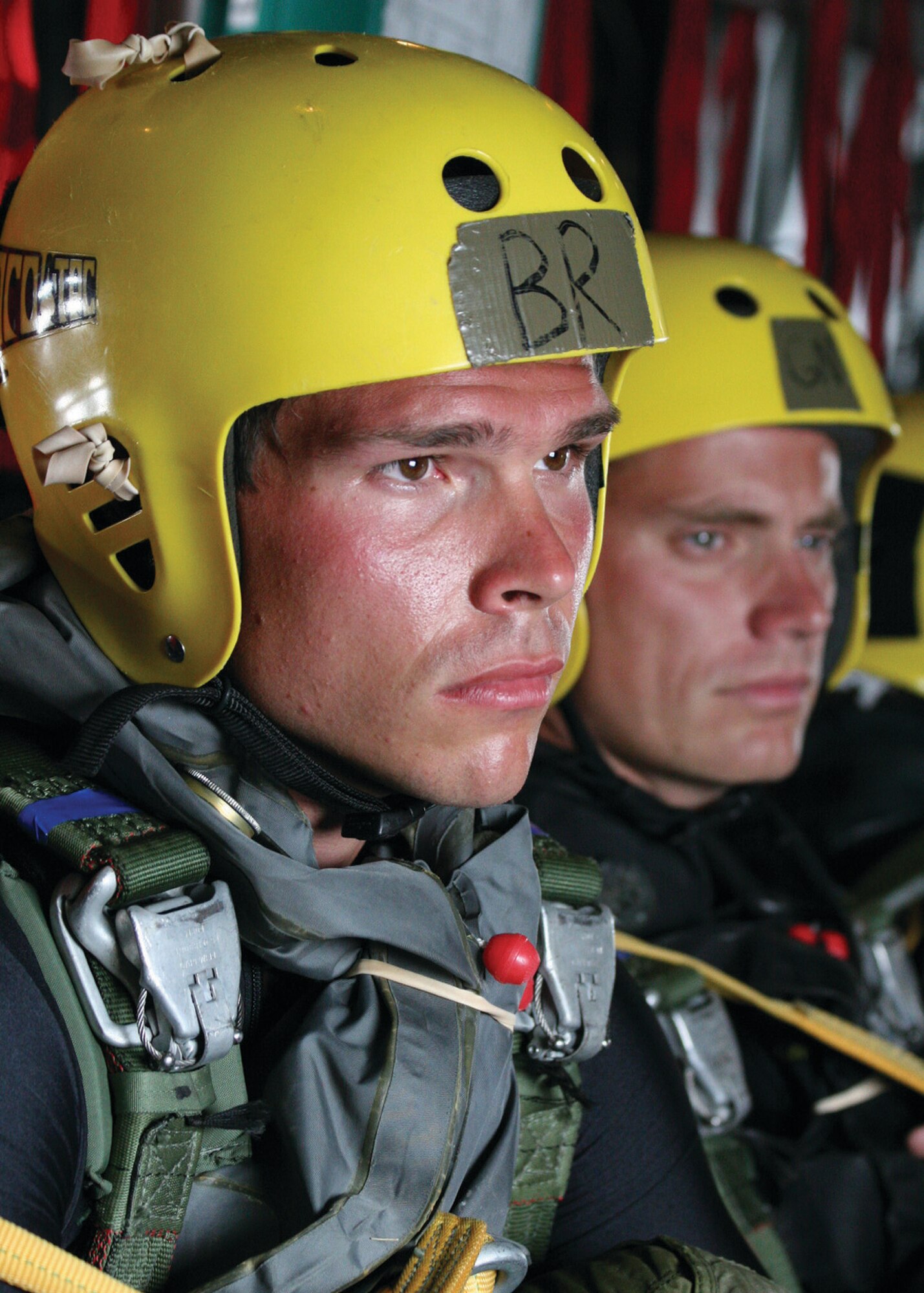 Airmen 1st Class Brian Bair and Nicholas Gibson, pararescue trainees from the 342nd Training Squadron onboard a 920th Rescue Wing HC-130, wait for the order to jump during the water jump portion of Air Operations training Oct. 13. Twenty trainees and 13 instructors participated in this training at Patrick Air Forcc base, Fla., Oct. 13. (U.S. Air Force photo by Tech. Sgt. Robert Grande) (Released)