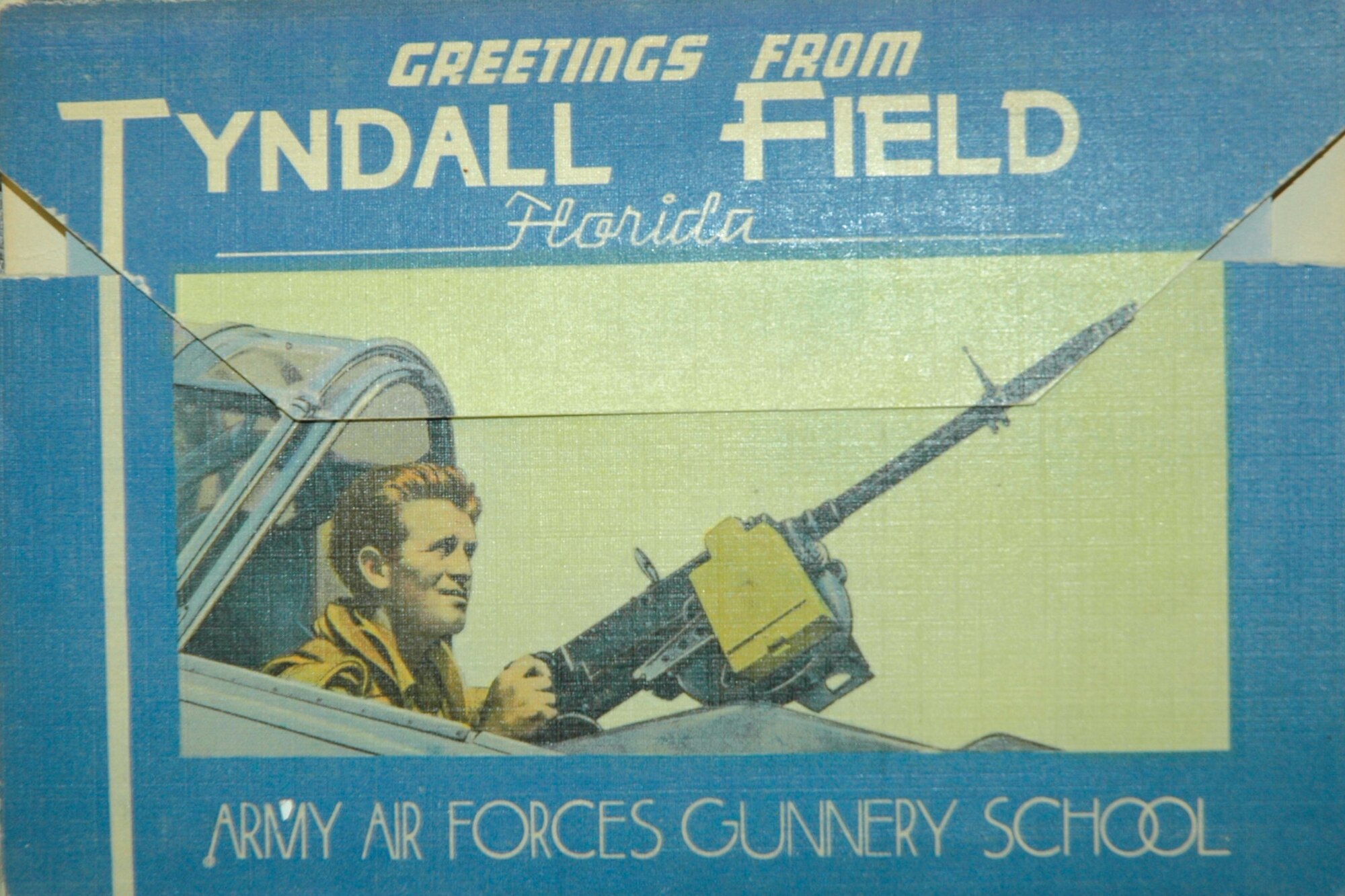 TYNDALL, AFB, Fla. --  A foldout postcard sent in 1945. The postcard unfolds to reveal colored pictures of Tyndall Field and downtown Panama City in the 1940s. Tyndall has trained Airmen for more than 60 years. (Photo courtesy of 325th Fighter Wing historian office)
