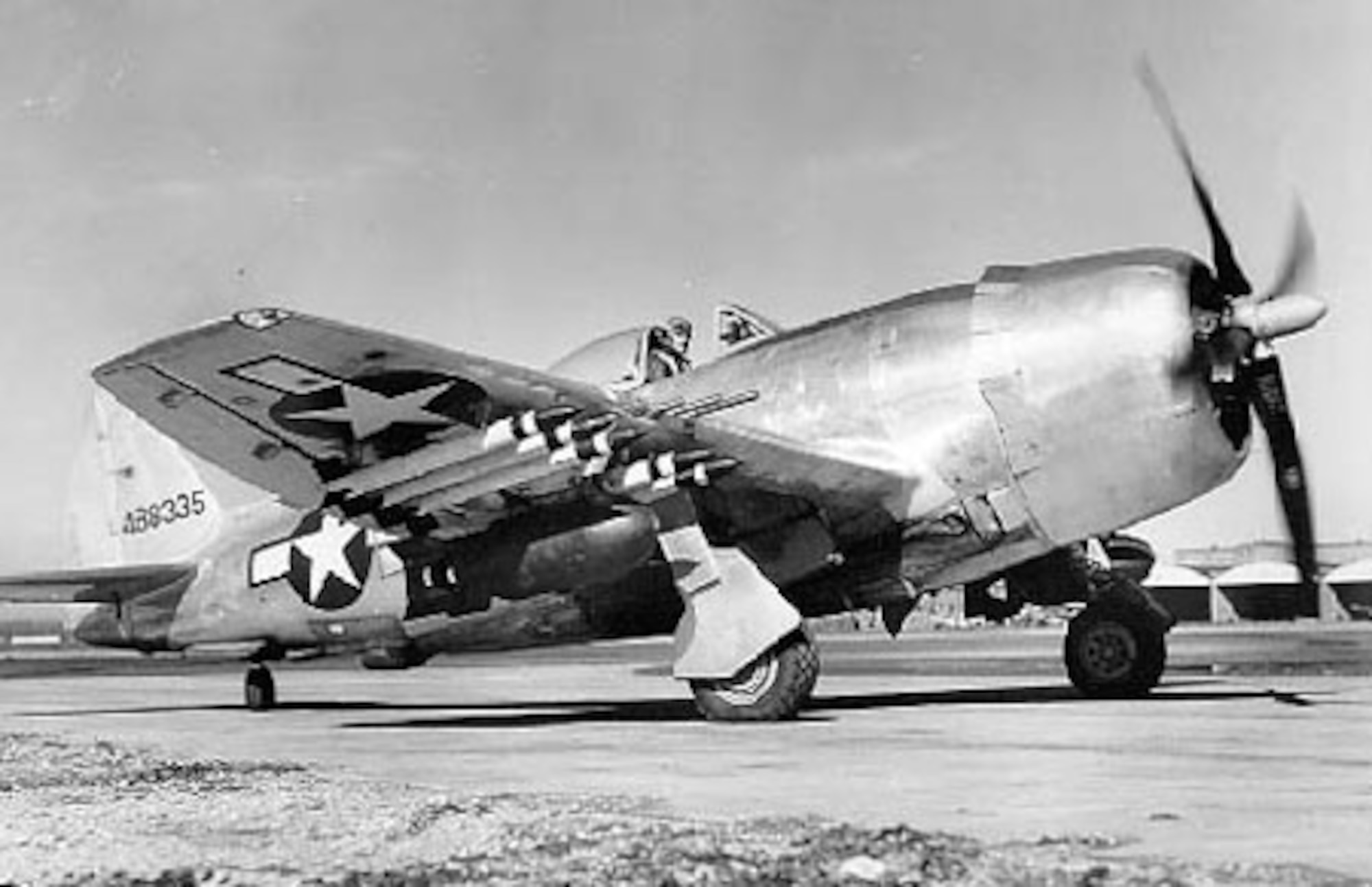 Republic P-47N-5 3/4 front view (S/N 44-88335, second block, five aircraft built). (U.S. Air Force photo)