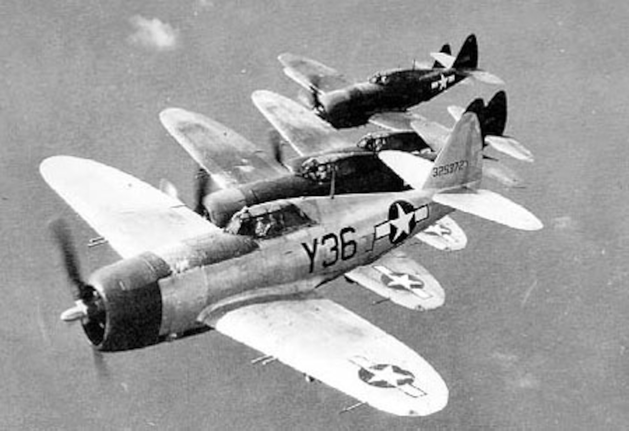Republic P-47D 5-ship formation (Y36 is P-47D-21-RA, S/N 43-25372). (U.S. Air Force photo)