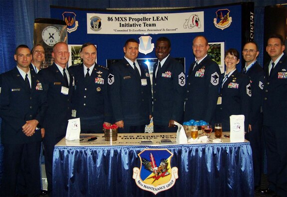 (from left) Tech. Sgt. Charles Francks, Master Sgt. Michael Peters, Tech. Sgt. Keith Krone, Gen. Tom Hobbins, USAFE commander, Master Sgt. Ronald Lorimor, Chief Master Sgt. Gary Coleman, USAFE Command Chief, Senior Master Sgt. Phillip Arnts, Senior Master Sgt. Alice Harshey-Bischoff, Tech. Sgt. Tracy Farrow and Tech. Sgt. Ryan Rubenstein, members of the 86th Maintenance Squadron propulsion Centralized Intermediate Repair Facility earned the “Best Practices” award in the Chief of Staff Team Excellence Award Competition in Washington, D.C. last month. Courtesy photo
